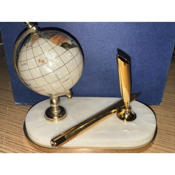 Globe on Pedestal with Pen and Pen Holder And Box Gold Tone Pen And Holder - Picture 2 of 5